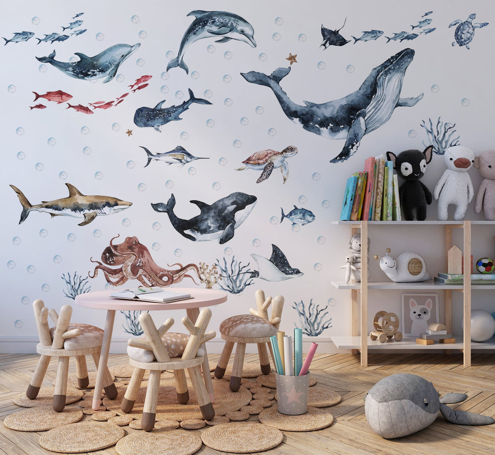Ocean animals wall decals - dolphin, seal, sea turtle peel and stick for kids nursery by Igibee