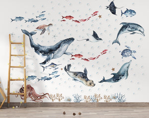 Ocean animals wall decals with whale, dolphins and seal - removable peel and stick nursery decor by Igibee