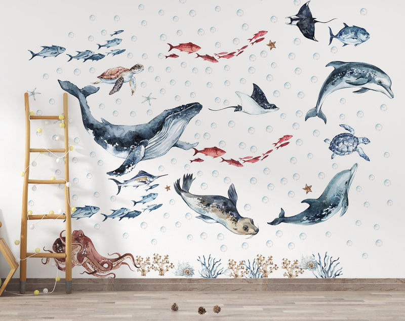 Ocean animals wall decals with whale, dolphins and seal - removable peel and stick nursery decor by Igibee