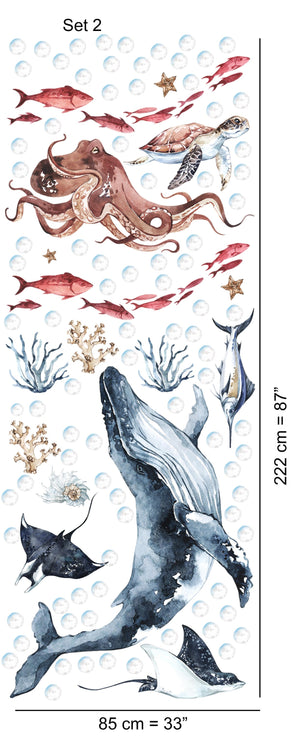 Ocean mammals set with dolphins whale and seal - sea animals wall decals for kids nursery by Igibee