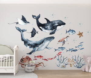 Ocean life wall decals with whale turtle jellyfish and colorful fish - sea animals nursery stickers by Igibee