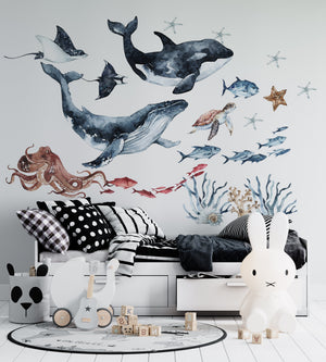 Ocean life wall decals with whale, sea turtle, jellyfish and colorful fish - peel and stick nursery stickers by Igibee