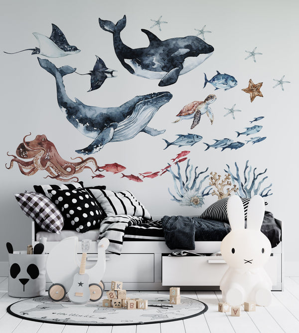 Ocean life wall decals with whale, sea turtle, jellyfish and colorful fish - peel and stick nursery stickers by Igibee