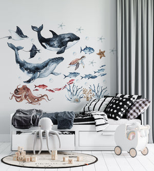 Ocean life wall decals with whale turtle jellyfish - sea animals nursery stickers for kids room by Igibee