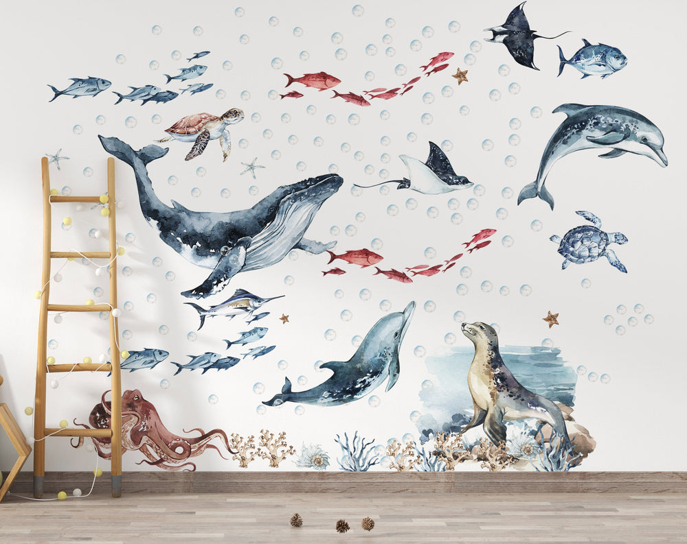 Ocean mammals set with dolphins whale and seal - sea animals wall decals peel and stick by Igibee