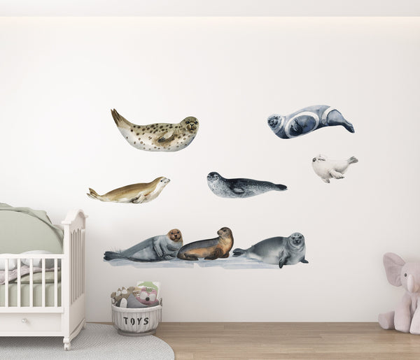 Ocean seals marine life wall decals - adorable sea animals nursery collection peel and stick by Igibee