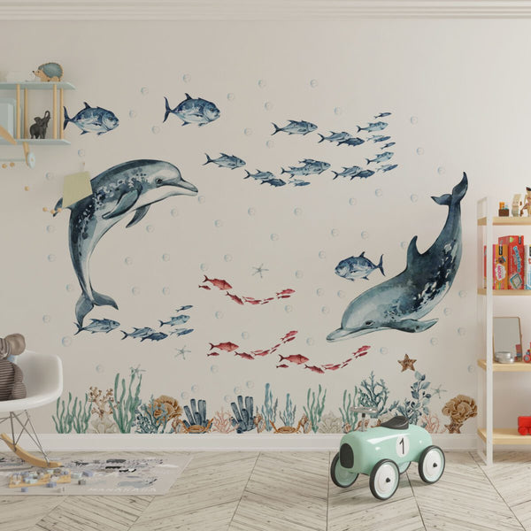 Under the sea wall stickers with a coral reef and sea plants for a kids room by Igibee