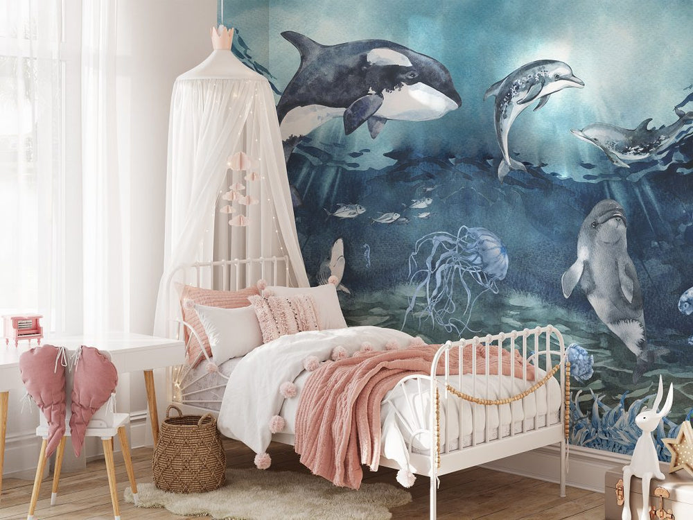 Sea lagoon dolphin wallpaper for kids room by Igibee