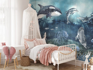 Dolphin lagoon wallpaper mural in kids bedroom by Igibee