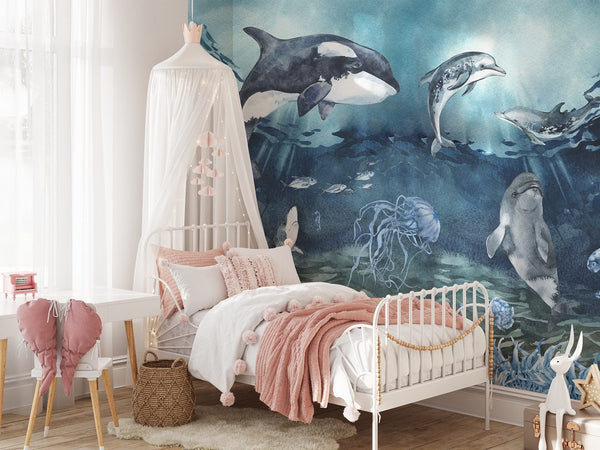 Dolphin lagoon wallpaper mural in kids bedroom by Igibee