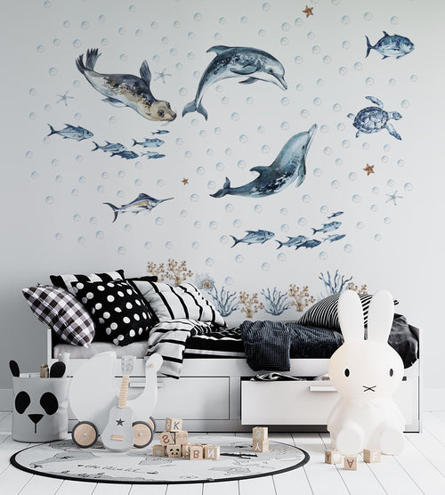 Ocean animals wall decals with whale dolphins and seal - sea themed nursery stickers peel and stick by Igibee
