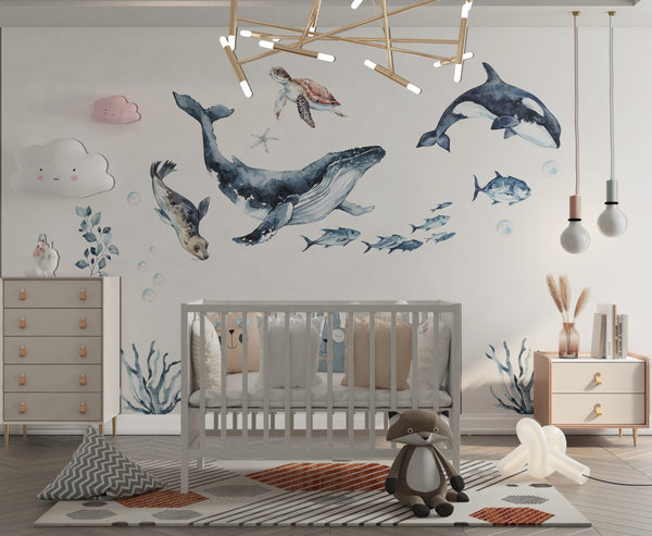 Ocean whale and orca sea animals wall stickers - marine life decor for kids bedroom by Igibee