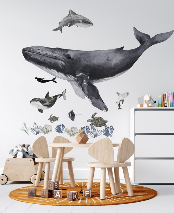 Ocean whale and sea animals underwater wall decals - marine life nursery decor by Igibee