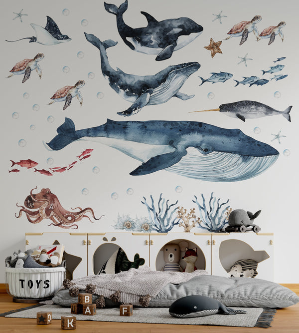 Ocean whales underwater scene wall decals - big water animals nursery set peel and stick by Igibee