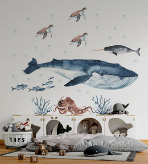 Great Ocean Whales underwater scene wall decals - big water animals for kids bedroom decor by Igibee