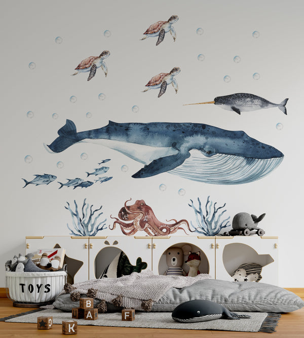 Great Ocean Whales underwater scene wall decals - big water animals for kids bedroom decor by Igibee