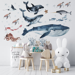 Great Ocean Whales underwater scene wall decals - big water animals set for nursery decor by Igibee