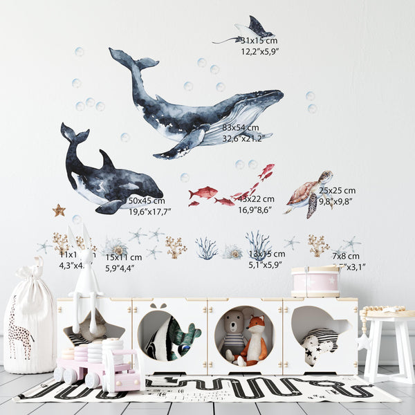 Great Ocean Whales underwater sea animals wall decals - big water creatures peel and stick by Igibee