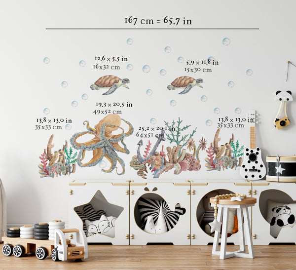 octopus wall decal for kids, sea turtle wall decal, tropical fish wall decals, coral reef wall decor, dory fish wall decals, clownfish wall decals, nautical themed kids room, marine decor for kids room, ocean kids room decor, fish themed kids room decor, underwater world for kids room