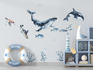 Orca and whale sea animals wall stickers - removable ocean themed decals for kids nursery by Igibee