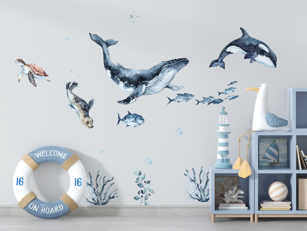 Orca and whale sea animals wall stickers - removable ocean themed decals for kids nursery by Igibee