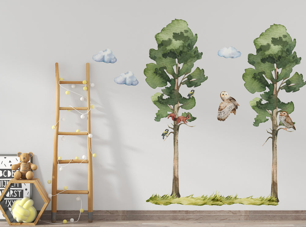 Owls in a tree wall decor - farm animals collection peel and stick decals for nursery by Igibee