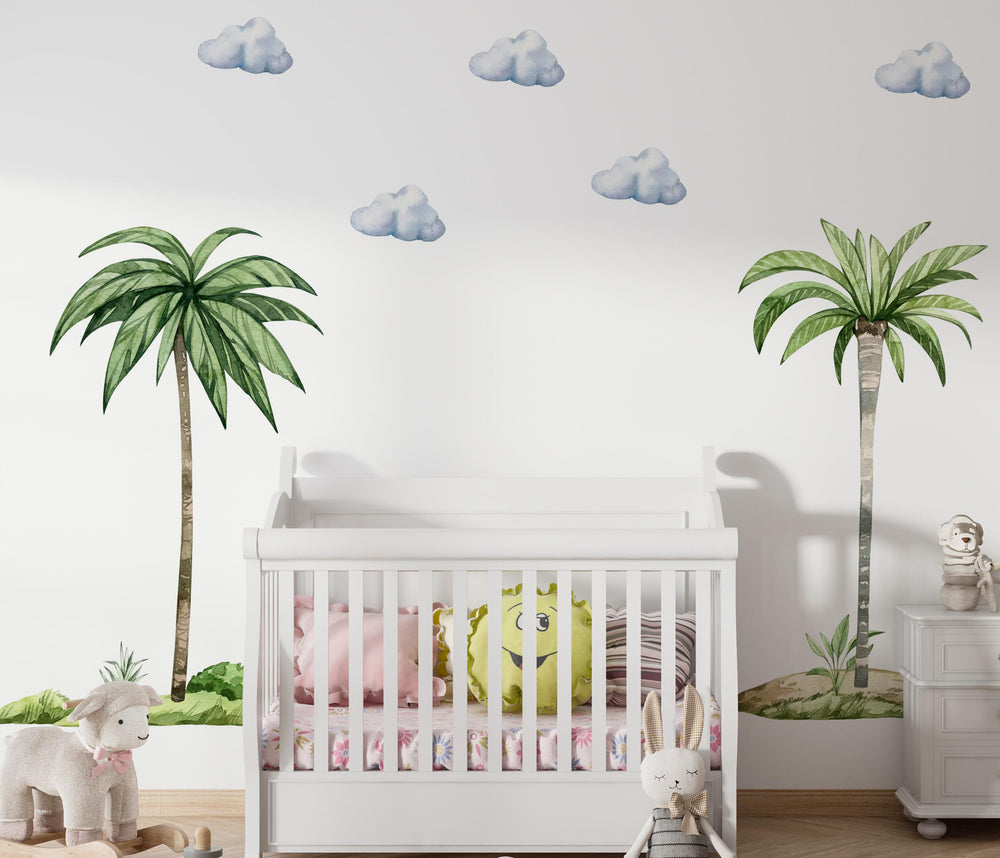 Palm trees and clouds wall stickers - nature elements decor for kids room by Igibee