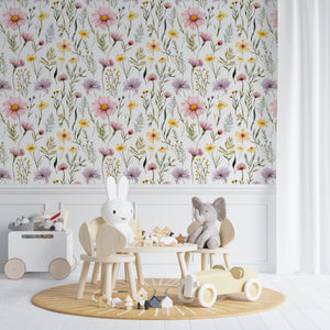 Pastel floral nursery wallpaper with botanical garden design - soft pink purple blooms for baby room by Igibee