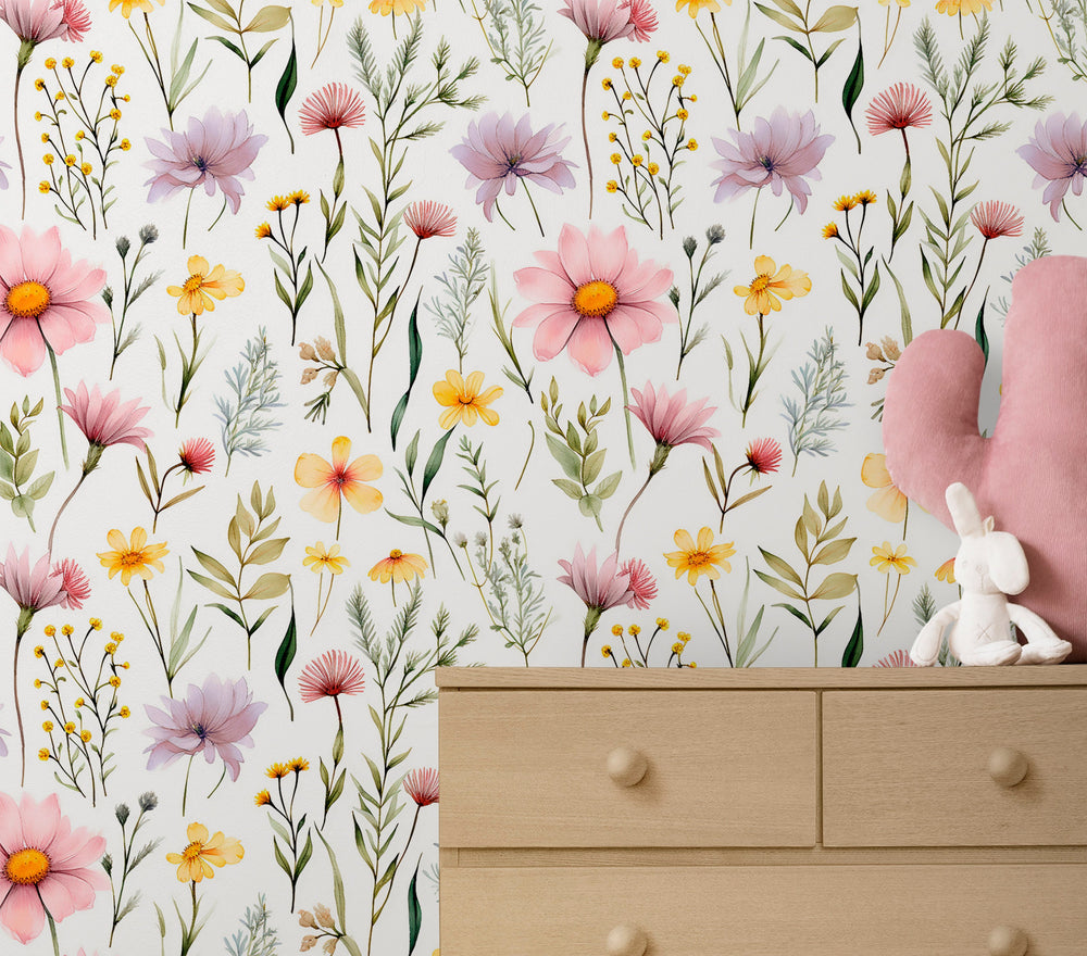 Pastel floral wallpaper for nursery room - soft blooms design for baby girls bedroom by Igibee