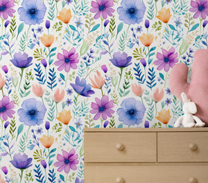 Pastel floral wallpaper for nursery room - soft delicate flowers in gentle colors by Igibee