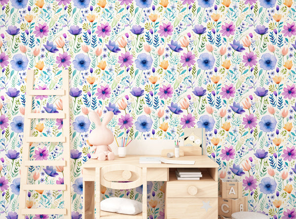 Pastel floral wallpaper with soft colors - delicate flowers nursery decor by Igibee