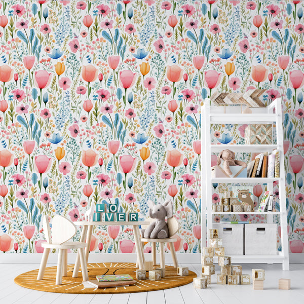 Pastel wildflower botanical wallpaper - soft floral design for kids bedroom decor by Igibee