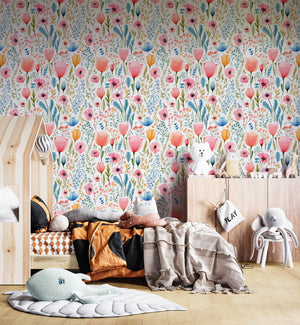 Pastel wildflower botanical wallpaper - soft floral design for kids bedroom decor by Igibee