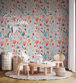 Pastel wildflower meadow wallpaper - soft botanical design for girls bedroom decor by Igibee