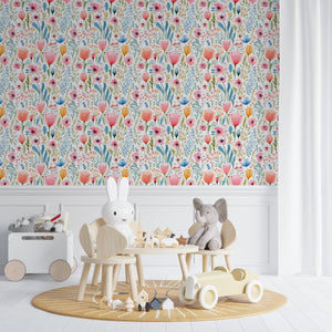 Pastel wildflower meadow wallpaper - soft botanical design for girls bedroom by Igibee