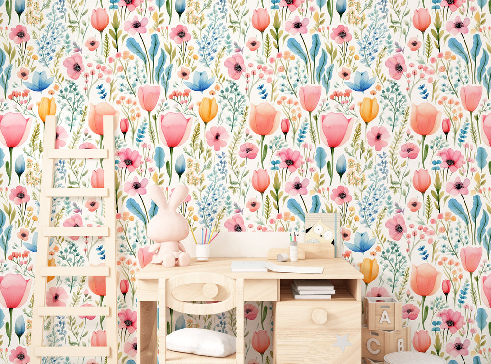 Pastel wildflower wallpaper - soft botanical design for nursery and kids room decoration by Igibee