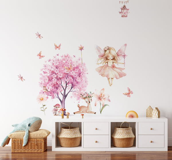 Peel and stick wall decals including flying butterflies and a sparkling magical wand with a key for custom bedroom design.
