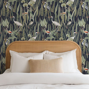 Crane wallpaper detail with botanical motifs by Igibee