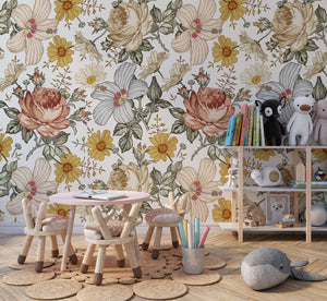 Peel and stick floral wallpaper with botanical flowers - removable wall covering for bedroom by Igibee