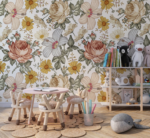 Peel and stick floral wallpaper with botanical flowers - removable wall covering for bedroom by Igibee
