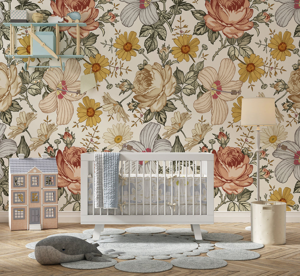 Floral wallpaper peel and stick - removable nursery room decoration by Igibee