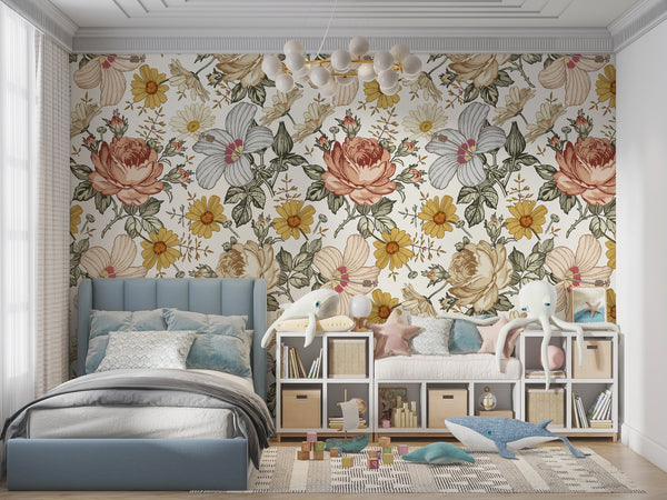 Peel and stick floral wallpaper - botanical pattern for nursery decor by Igibee