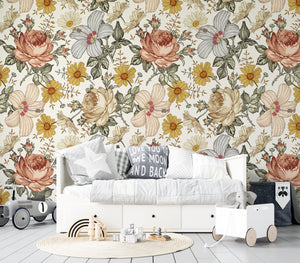 Peel and stick floral wallpaper with botanical prints - removable nursery decor by Igibee