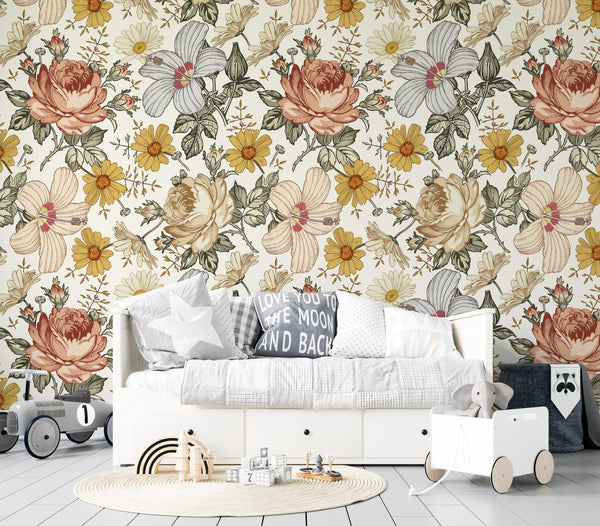 Peel and stick floral wallpaper with botanical prints - removable nursery decor by Igibee