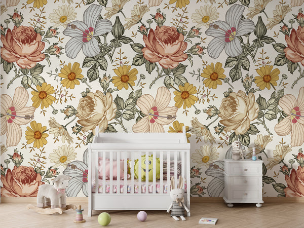 Peel and stick floral wallpaper - botanical design pattern for nursery decor by Igibee