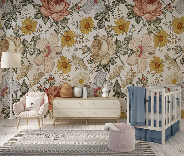 Peel and stick floral wallpaper with botanical flowers - removable wall covering for nursery decor by Igibee