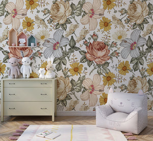 Peel and stick floral wallpaper with botanical print - removable wall covering for nursery by Igibee