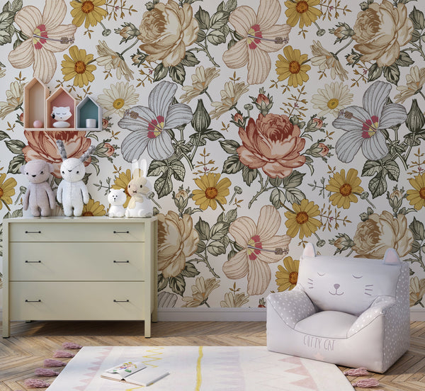 Peel and stick floral wallpaper with botanical print - removable wall covering for nursery by Igibee