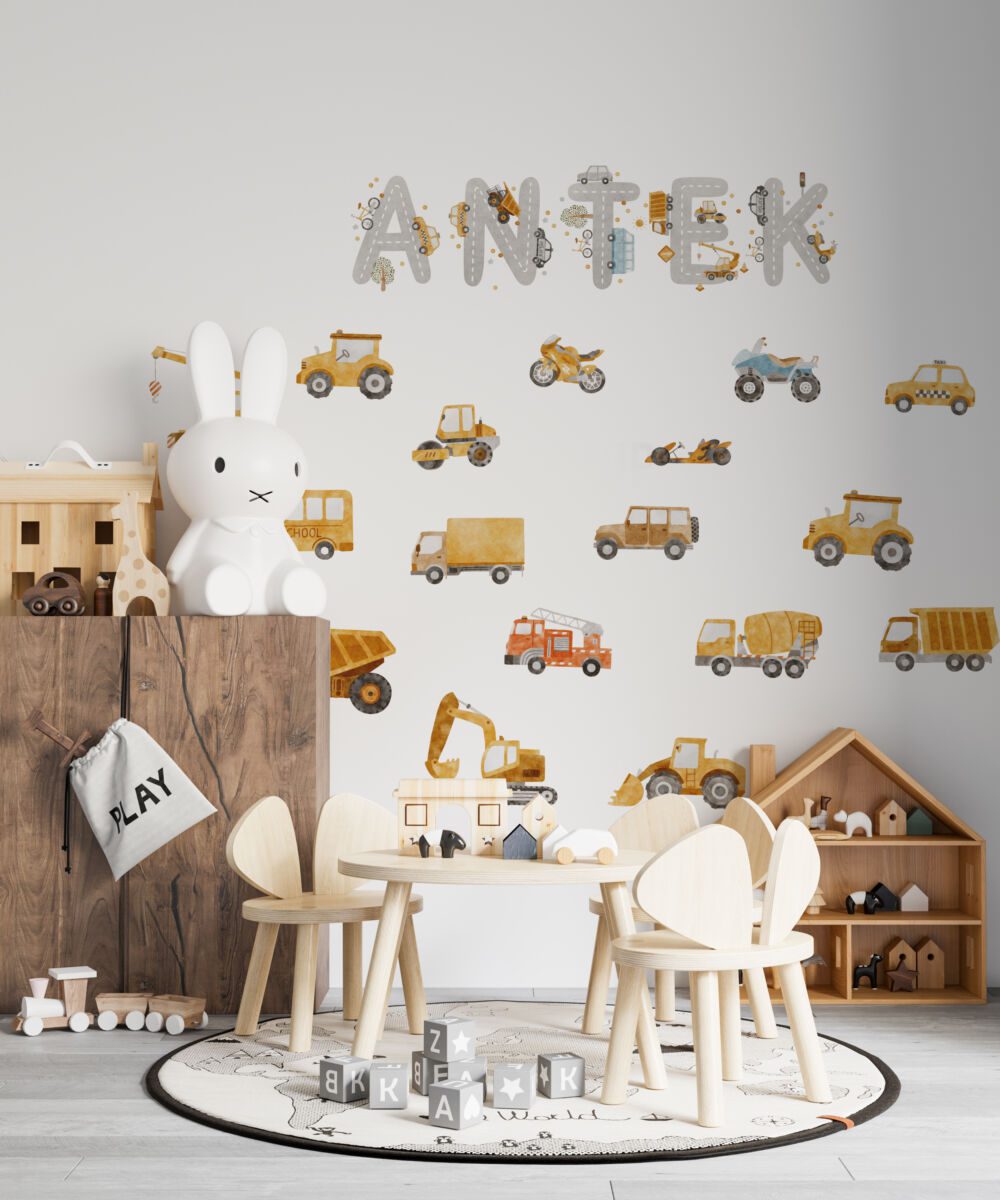 Personalised name and car wall decals in a play corner
