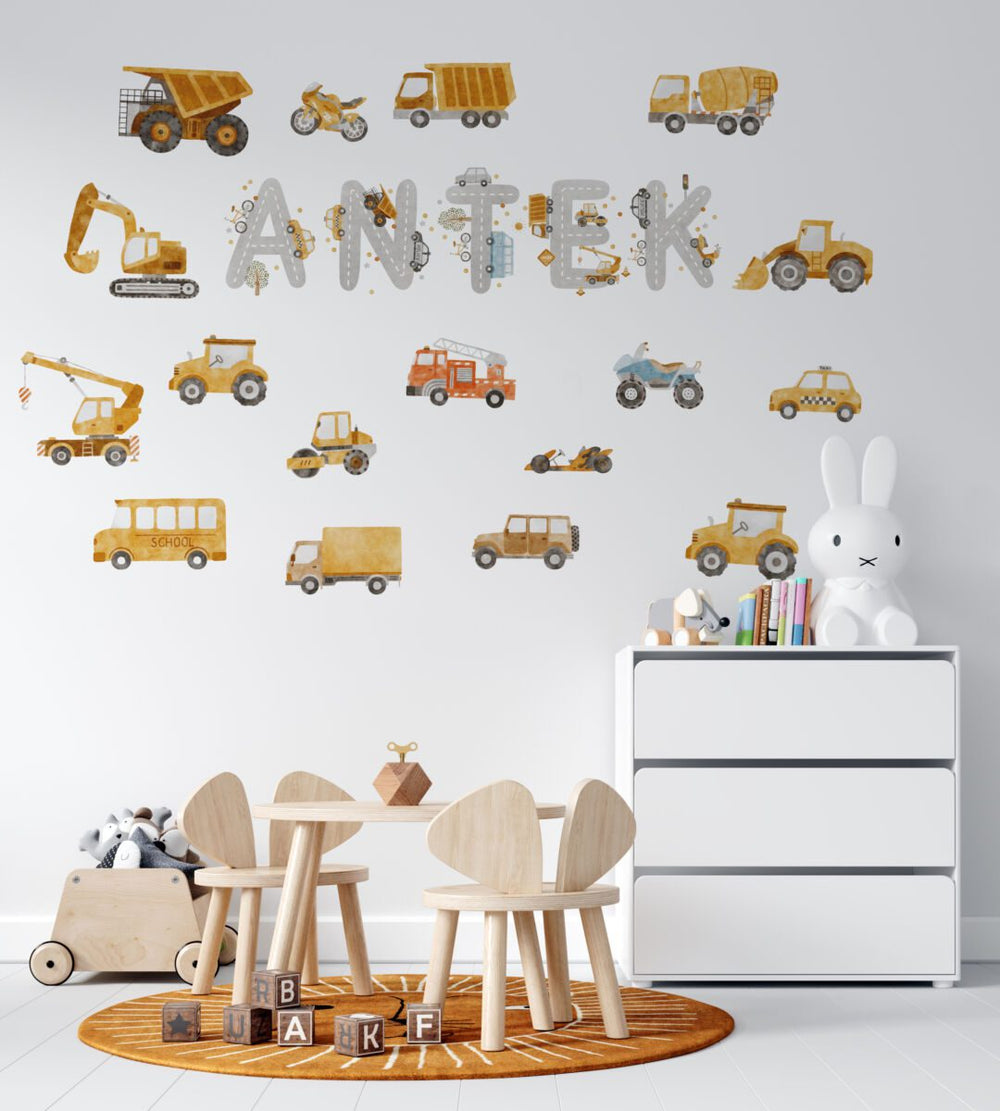 Personalized name wall decal for boys with 30 cm letters and a colorful set of car stickers
